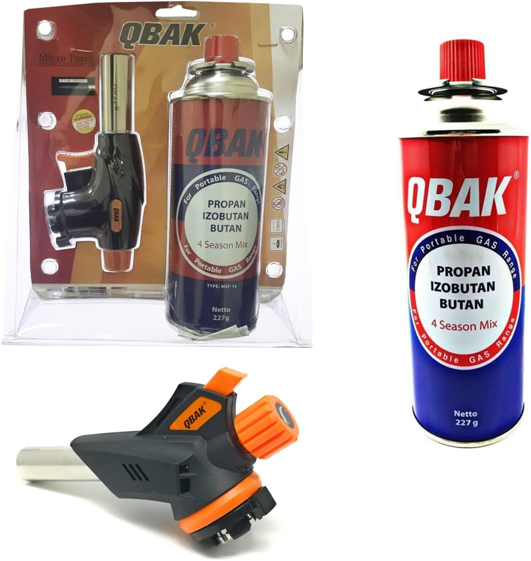 Pack Soplete + Cartucho Gas QBAK (227 g) Antorcha Ajustable de Gas con Adaptador y Encendedor - Ø 22 mm. Recarga de gas. Soplete.