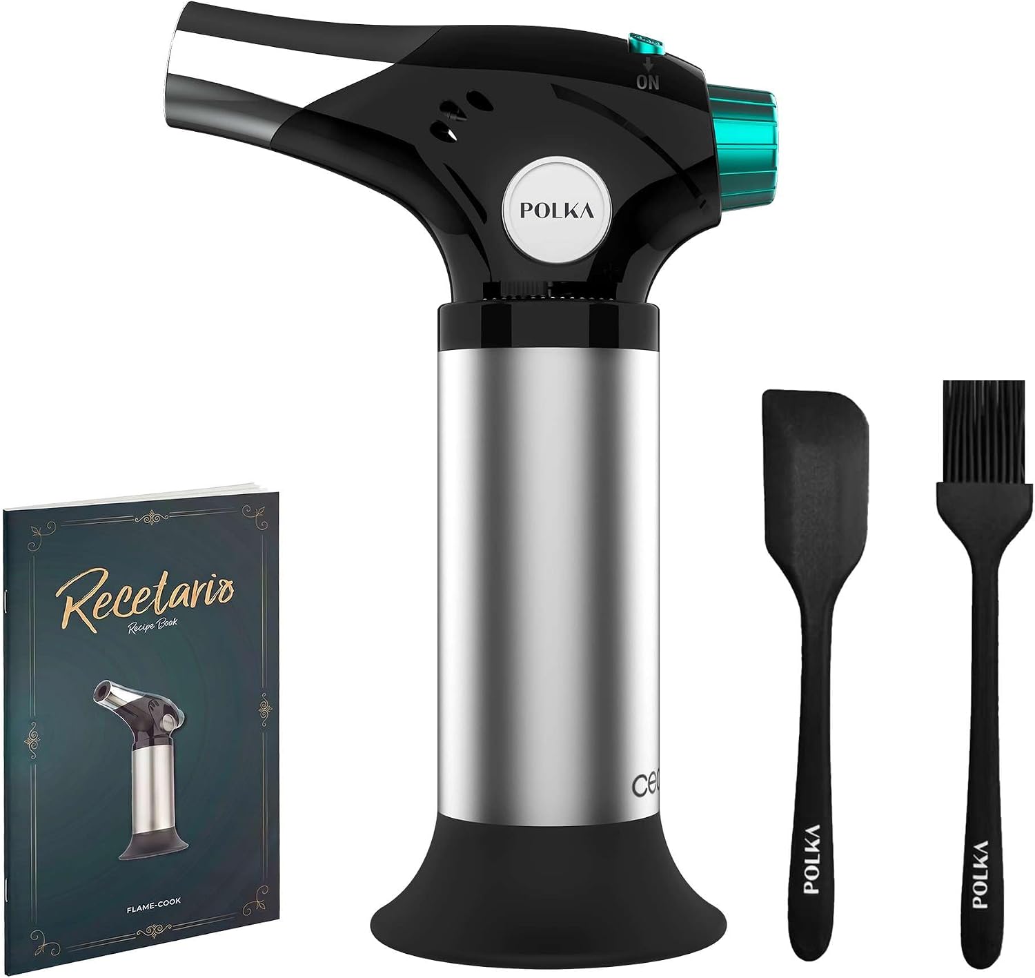 Cecotec Soplete de Cocina Polka Flame-Cook 1000 Steel. Alcanza 1300ºC, Regulador de Ajuste de llama, Bloqueo de Seguridad, Pincel, Espátula y Recetario incluido