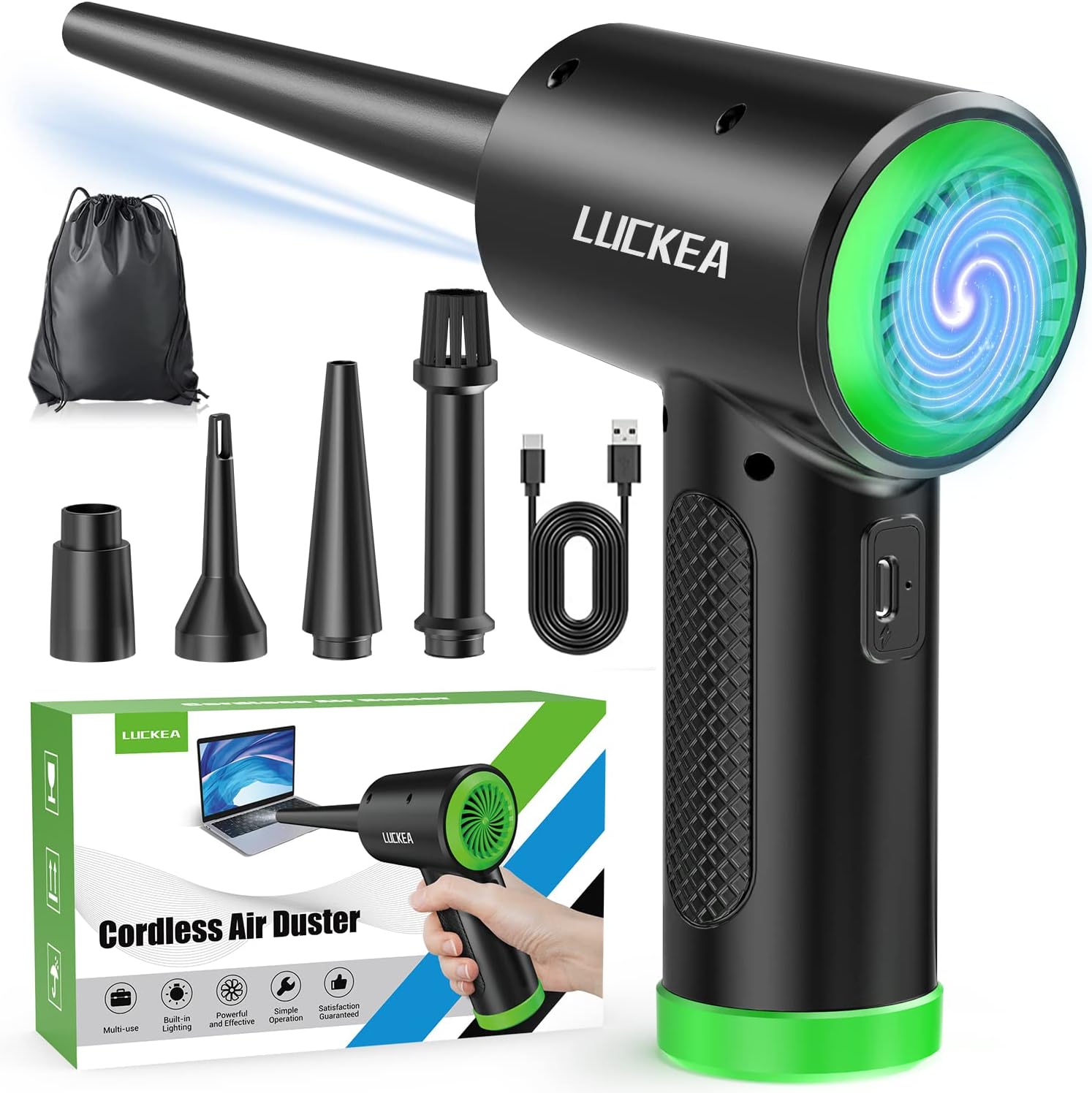 Aire Comprimido Limpieza PC Air Duster - 3 Velocidades Soplador de Aire Potente con Luz LED, 6000mAh, Soplador de Polvo para Teclado Coche Oficina, Alternativa Aire Comprimido o Compressed Air