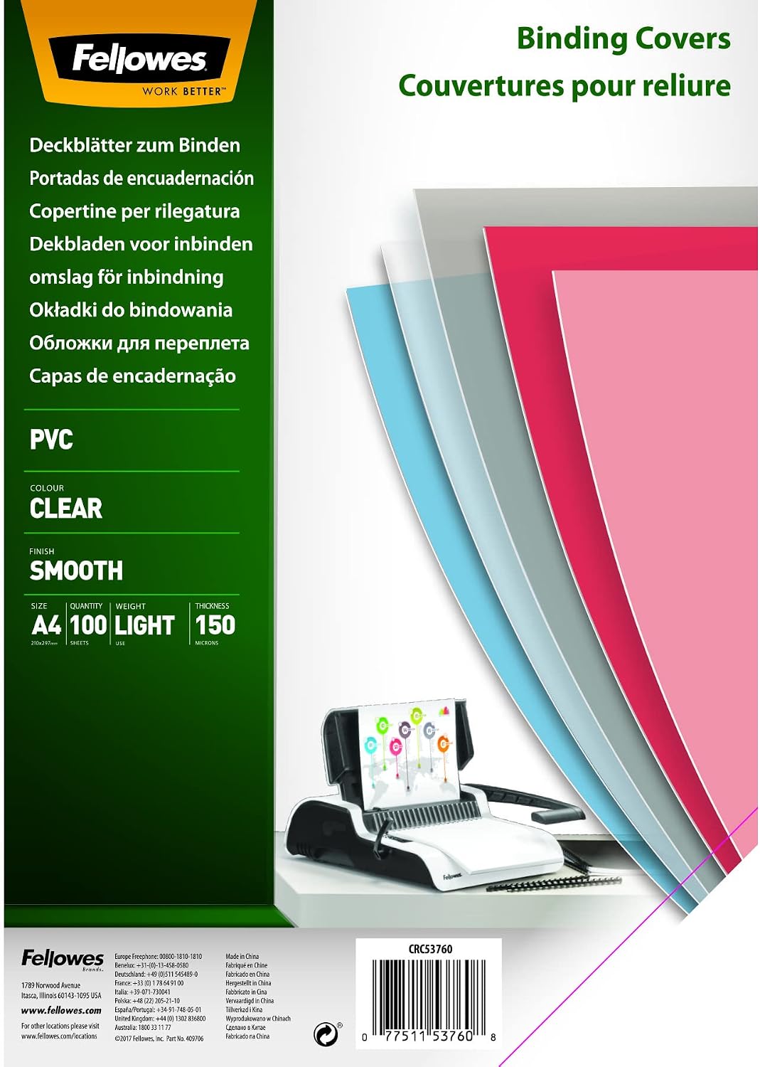 Fellowes Portadas para encuadernar de PVC transparente, formato A4, 150 micras, pack de 100 (5376001)