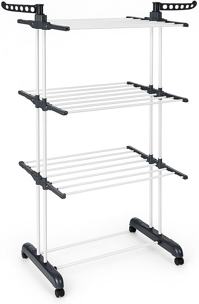 T-LOVENDO.ES Tendedero Vertical Plegable De Alta Capacidad de Ropa - 4 Niveles con Barras de Acero Inoxidable con Dos Alas Laterales Amplio Espacio para Secar. Ruedas Incluidas. Gris.