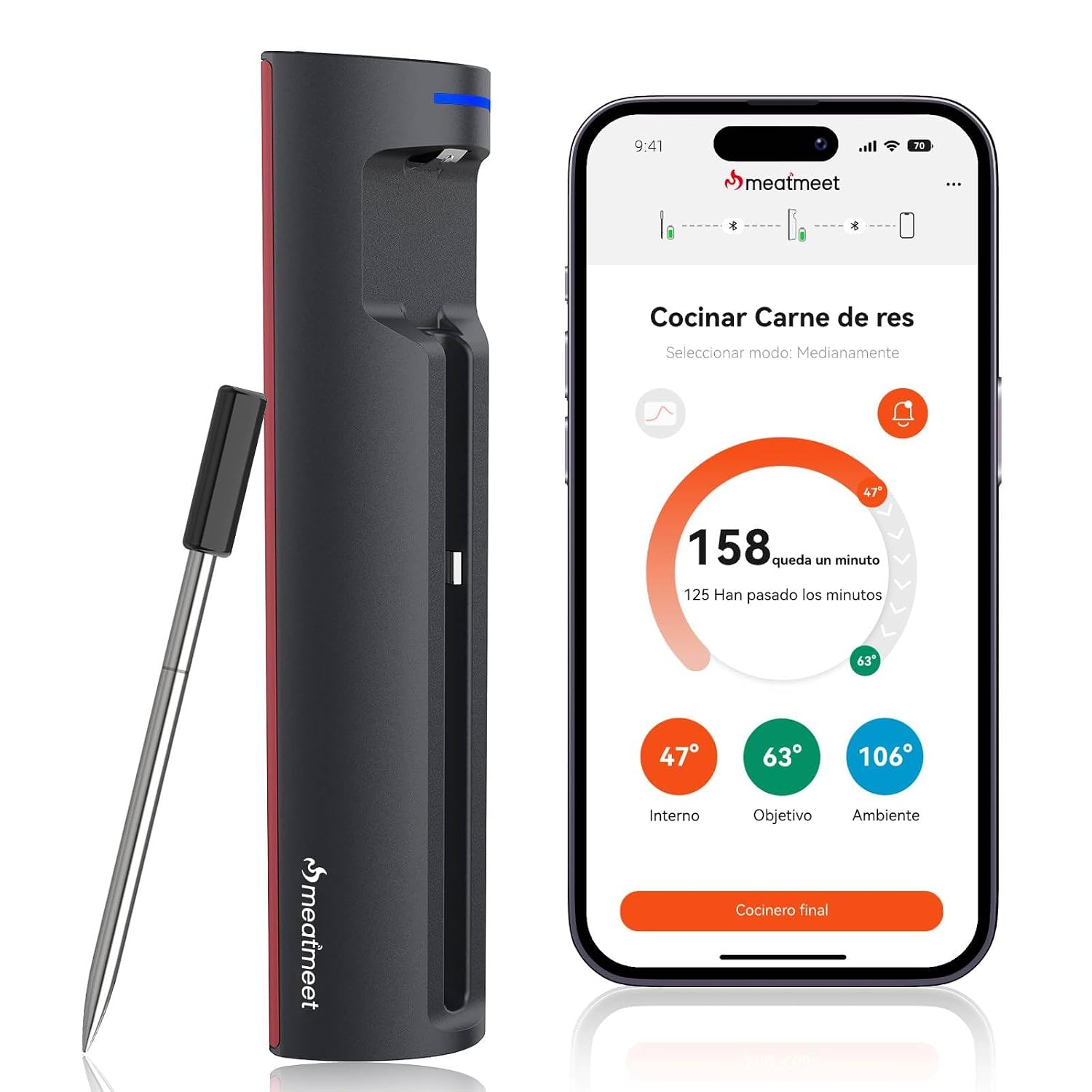 Termómetro para carne Wi-Fi | Sonda inalámbrica de largo alcance para horno, parrilla, freidora de aire, barbacoa | Sensores duales | Impermeabilidad IP67