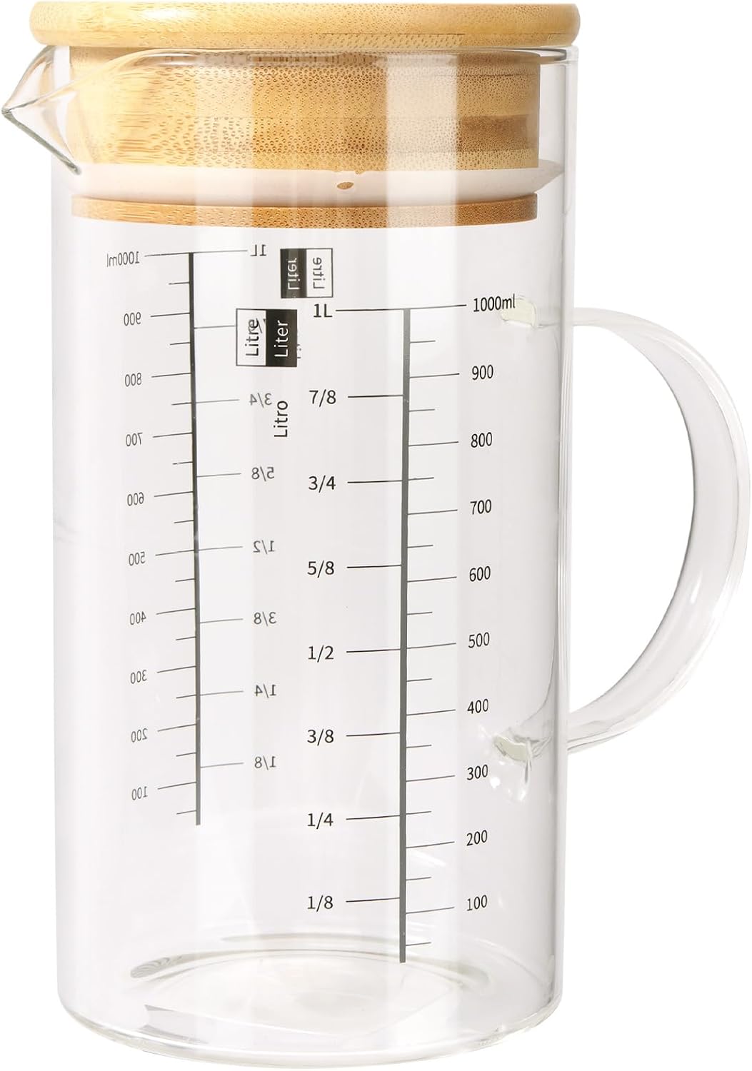 Vaso Medidor Cocina 1L, Jarra Medidora de Vidrio Graduada 1000ml,Taza Medidora con Asa,Bote Cristal con Tapa Escala Precisa,Vaso Batidora Cristal para Medir Ingredientes de Repostería
