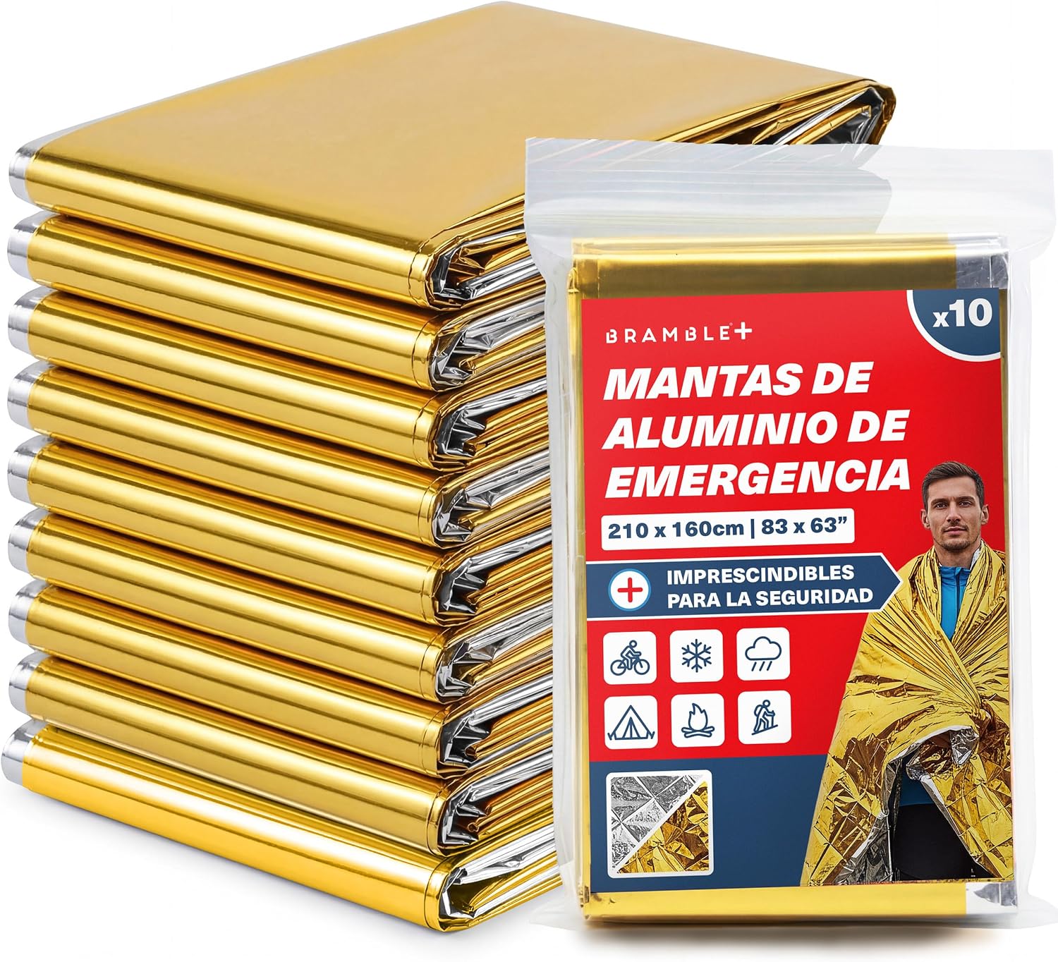Bramble 10 Mantas Térmicas de Supervivencia de Emergencia - Mantas de Aluminio en Dorado y Plateado - 210 x 160cm