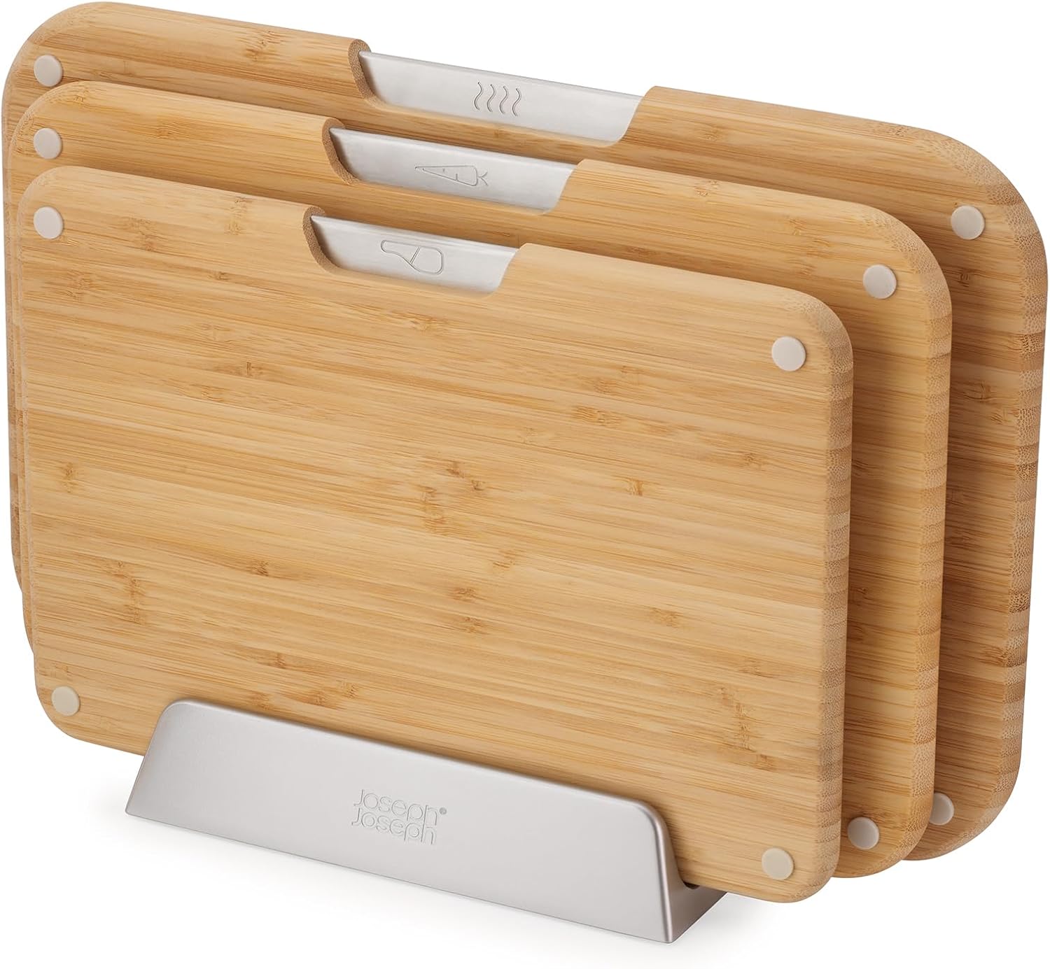 Joseph Joseph Nest™ Juego de 3 Tablas de Cortar en madera de Bambú, Doble Cara, Antideslizantes, Iconos de Alimentos, Soporte de Metal