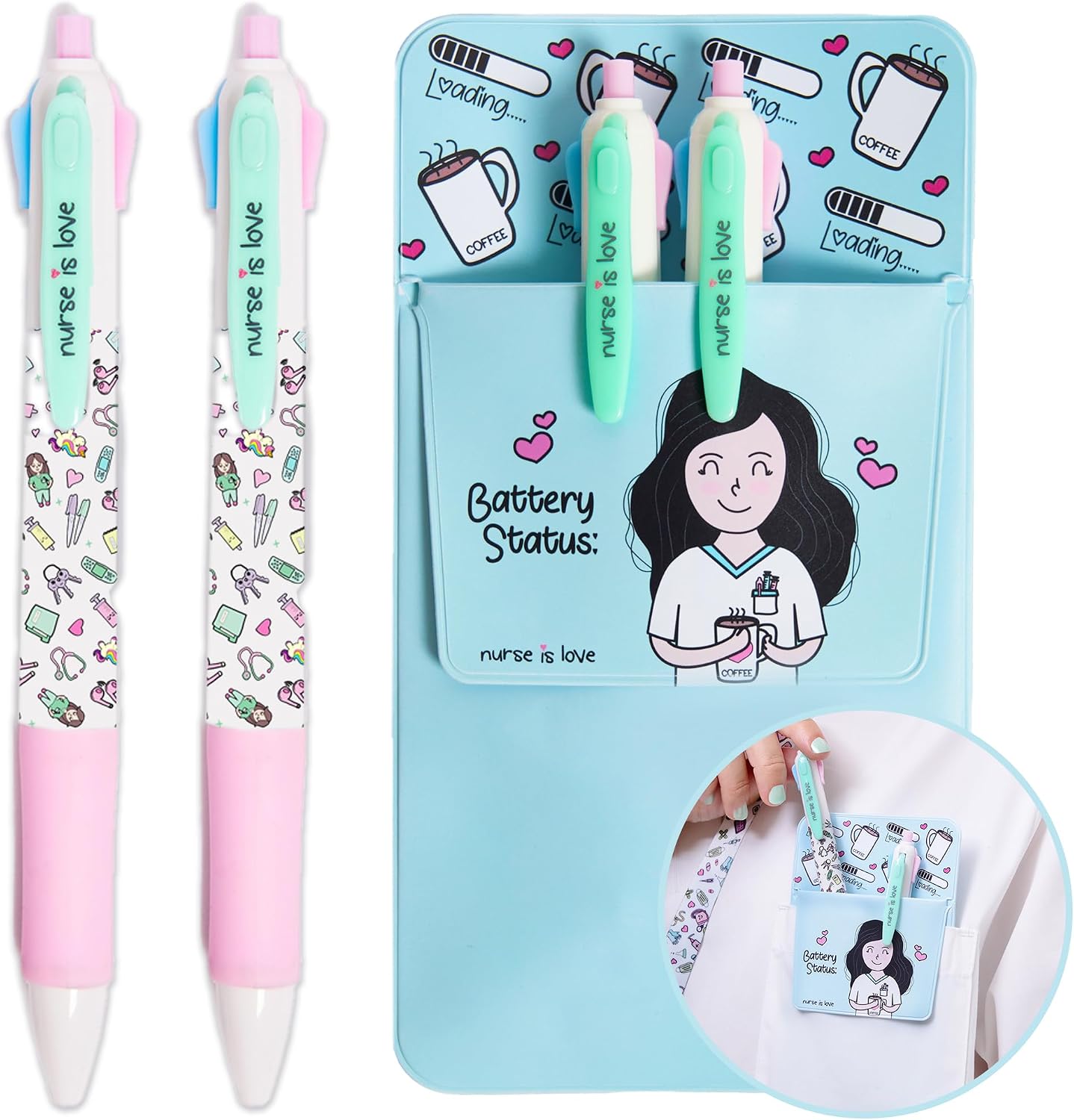 Nurse is Love Set de 2 Boligrafos Multicolor + Salva bolsillos Enfermeria AQUA | Organizador Bolsillo + Pack de Bolis | Enfermera y TCAE Accesorios - Ajusta con Lanyard | Regalos Enfermera Original