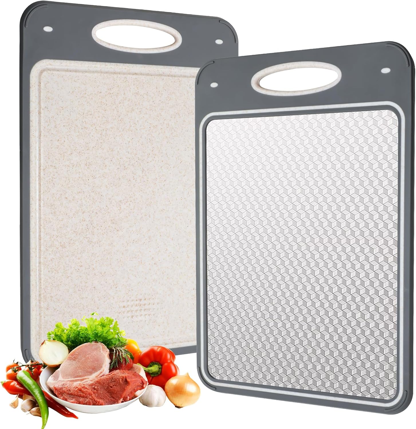VINATO Tabla Cortar Cocina de Acero Inoxidable 304 y PP de Paja de Trigo Doble Cara - Cutting Board 35x24cm con Ranura Antiderrames y Superficie Texturada