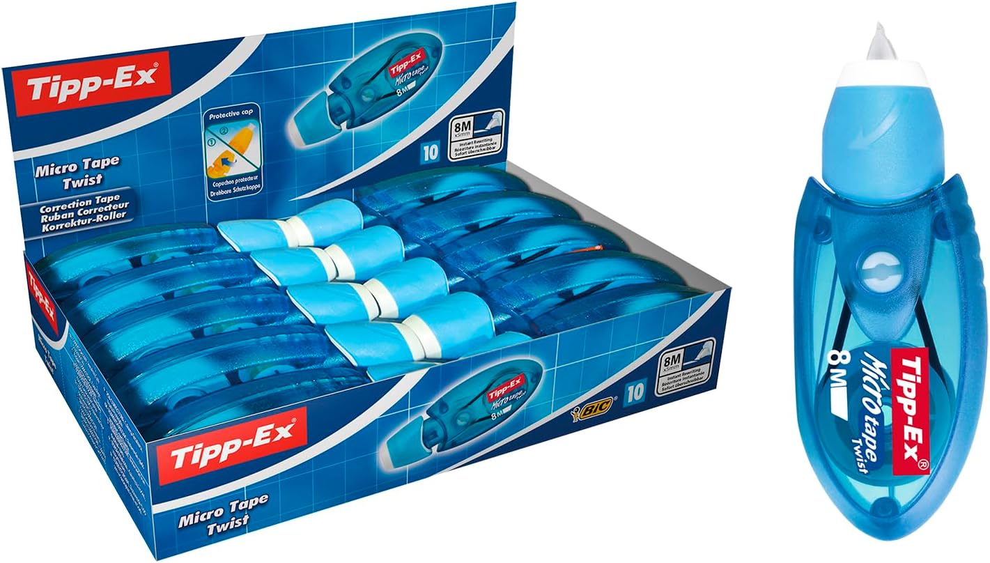 BIC Tipp-Ex Cinta Correctora de Bolígrafos, Óptimo para Material Escolar, Micro Tape Twist, 8m x 5mm, Con Cabezal Rotativo, Blíster de 3, Multicolor
