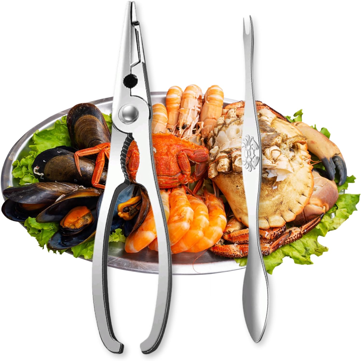 CHEFZOCO Pinza y Tenedor para marisco, Utensilios para marisco, Herramientas para marisco, Pinza y Tenedor para crustáceos, Pinzas para marisco, Set de Apertura de mariscos, Acero Inoxidable