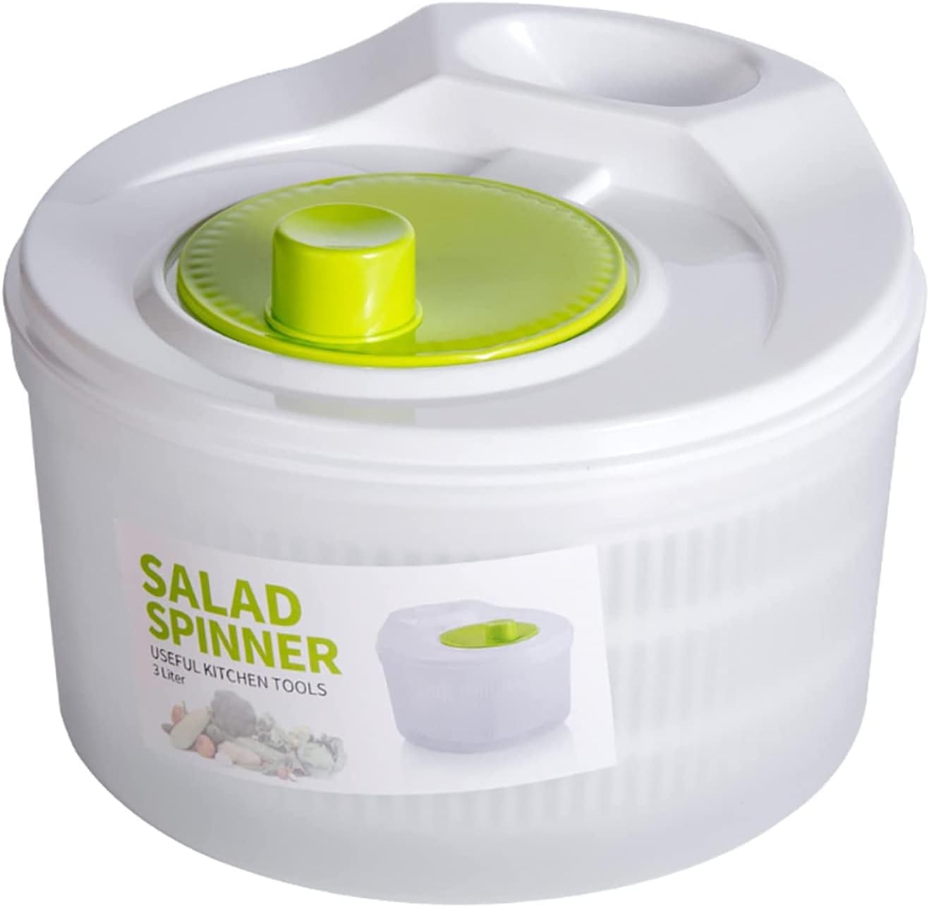 PIQIUQIU - Escurridor para Ensalada, escurridor de Ensalada de manivela (Ø 20 cm con Capacidad 3 L, Transparente/Verde Blanco), también se Puede Utilizar como ensaladera y colador - Apto para