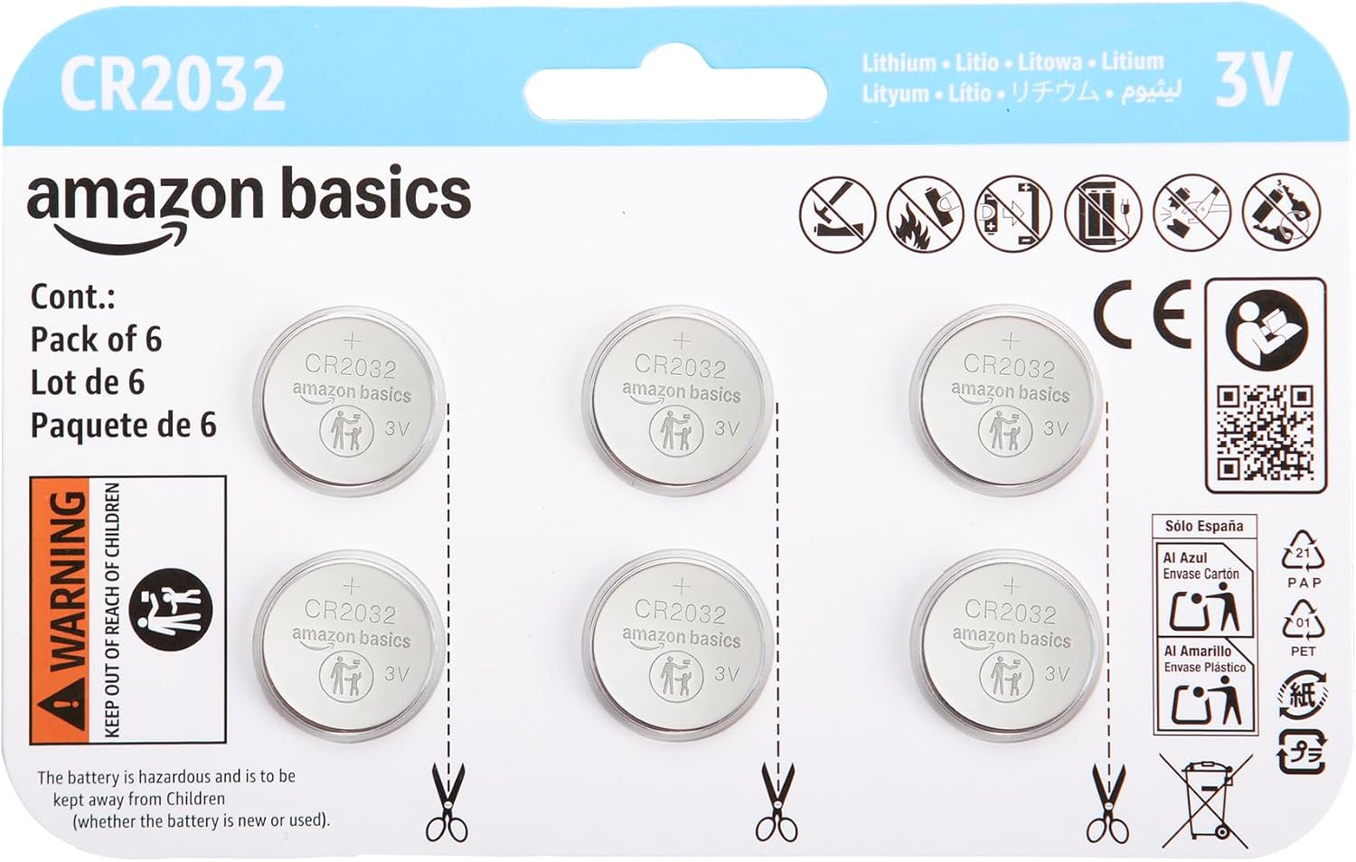Amazon Basics - Paquete de 6 pilas de litio CR2032 de larga duración, 3 voltios, sin mercurio