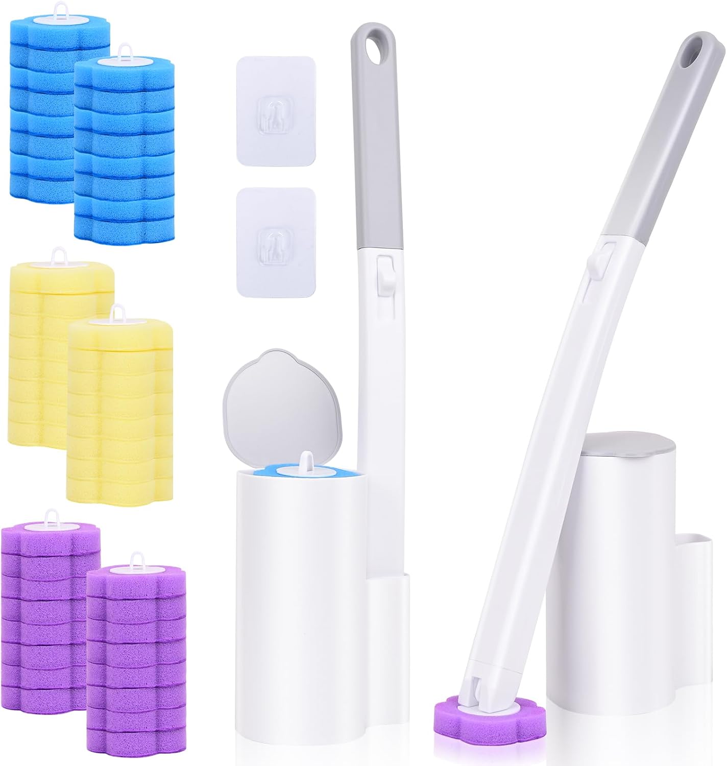 Juego de 2 cepillos de Inodoro con 48 Piezas de Repuesto para Limpiador, Cabezal Flexible, Set con Soporte y Mango para Lavabo, Inodoro y Piscina