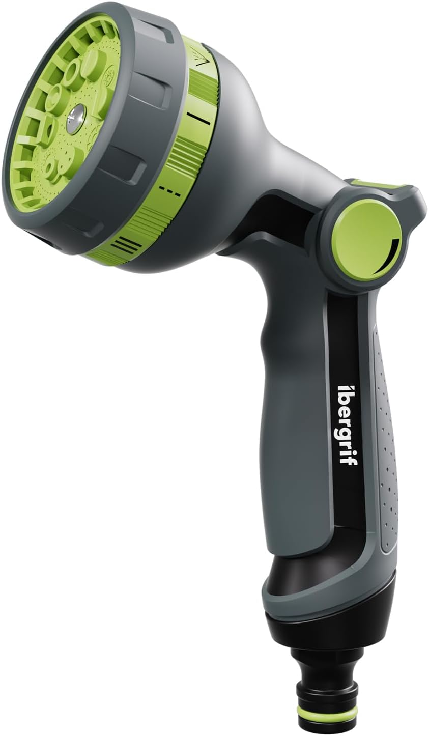 Ibergrif M22211, Pistola de riego para jardín, Pistola de Manguera con Interruptor Deslizante, para riego de césped, Negro/Verde