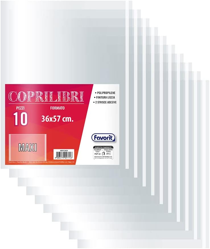 Favorit Fundas para libros de tamaño maxi 36 x 57 cm, transparentes, acabado liso, paquete de 10 unidades