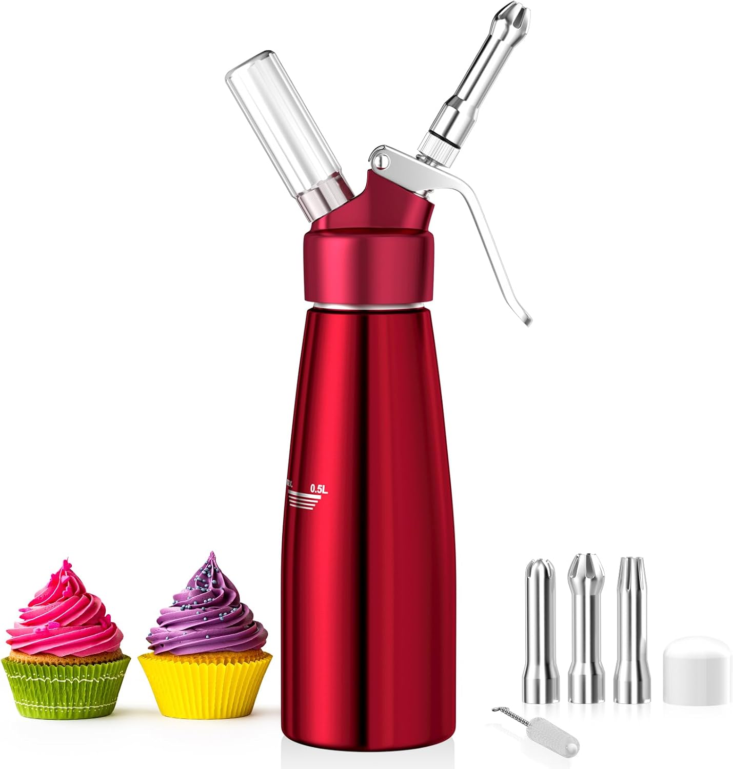 Newaner 500 ml sifón de Cocina espumas, sifon de Nata Aluminio con 3 boquillas Acero Inoxidable y 1 Cepillo, dispensador de Crema para Decorar Pasteles de cumpleaños, pastelería, Helados y postres