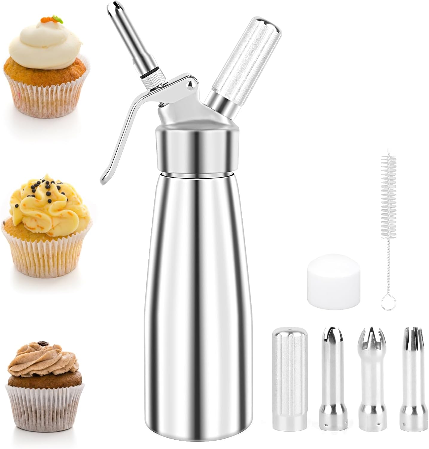 talifoca 500 ml Sifón de Cocina Espumas, dispensador de Crema sifon de Nata Aluminio con 3 boquillas acero Inoxidable y 1 Cepillo, Sifon de Nata para Decorar Pasteles de Cumpleaños, Helados y Postres