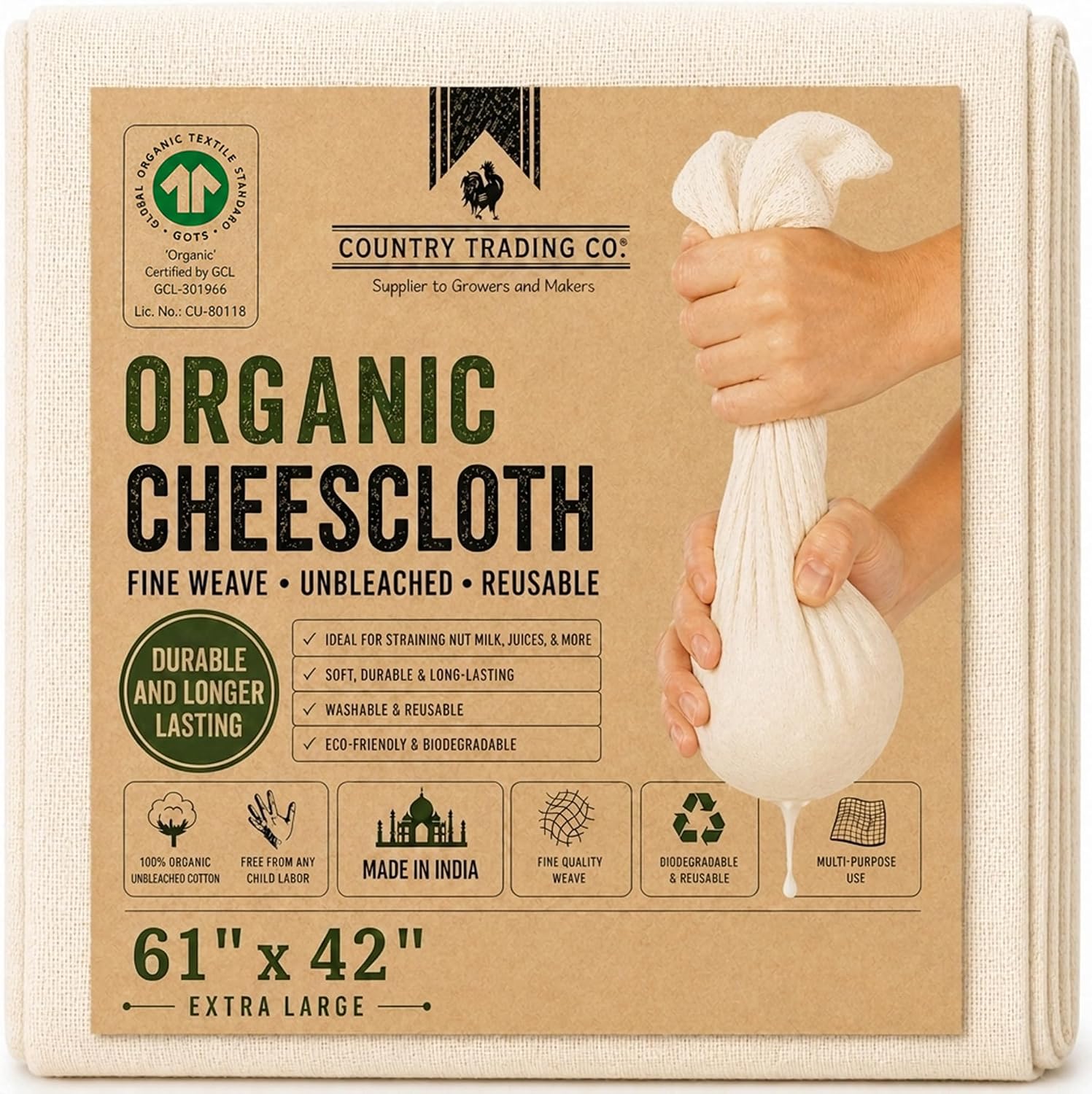 Estopilla de algodón orgánico sin blanquear – Paño de muselina certificado GOTS para colar y cocinar, filtro de cocina reutilizable, grande, 1,67 m²