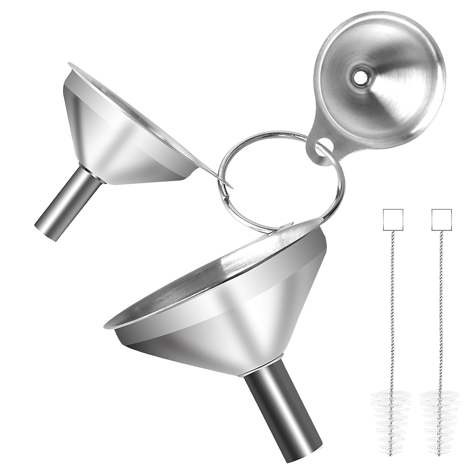 VFANDV Juego de 3 embudos de acero inoxidable, tamaño pequeño, apilable, con 2 cepillos de limpieza para líquidos y polvos, 4,5/5,5/7,5 cm