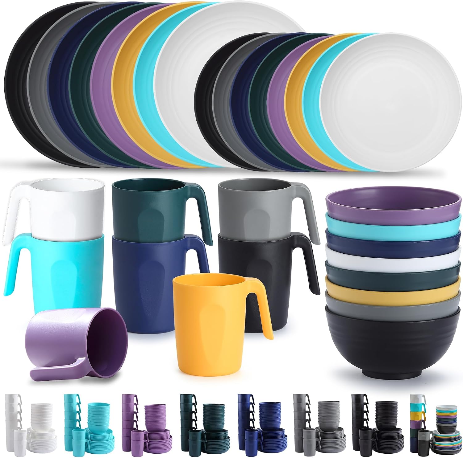 Kyraton Cubiertos de plástico Juegos de 32 piezas, reutilizables Platos ligeros Tazas Cuencos Platos Fácil de llevar y limpiar Microondas Seguro BPA Lavavajillas seguro Servicio seguro para 8