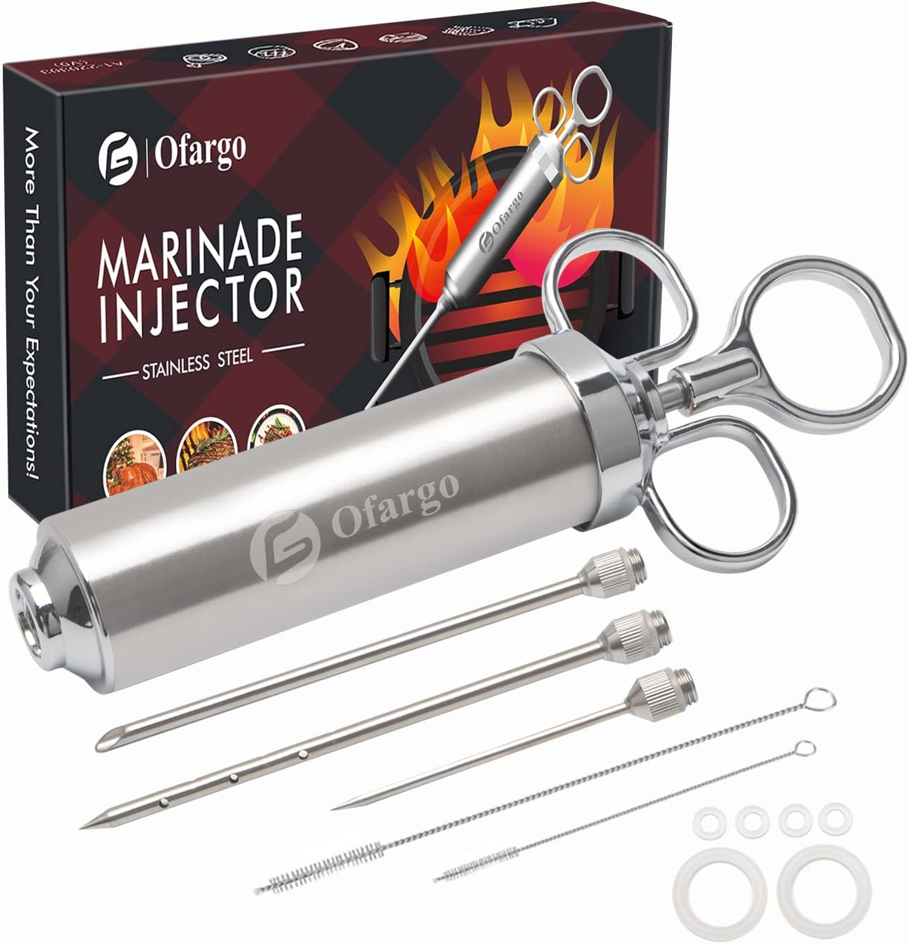Ofargo Inyector de Condimento con 3 agujas de adobo, Se Utiliza para el Condimento de Carnes Como Carne de res, Pollo, Pavo etc; Jeringuilla Cocina Capacidad 60 ml/2 oz, Incluye manual de usuario