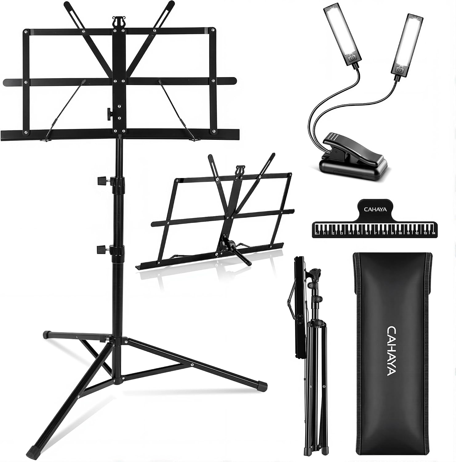 CAHAYA 2 en 1 Atril de Música Portátil – Escritorio & Suelo Atril, Altura Ajustable, Plegable con Bolsa y Pinza para Partituras, Ideal para Estudiantes, Músicos y Actuaciones al Aire Libre