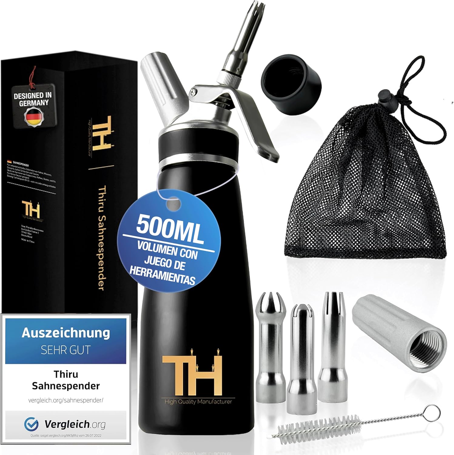 Thiru Sifón de cocina profesional - Dispensador de crema batida con boquillas de acero inoxidable - Sifón cocina con muchos extras (rojo)