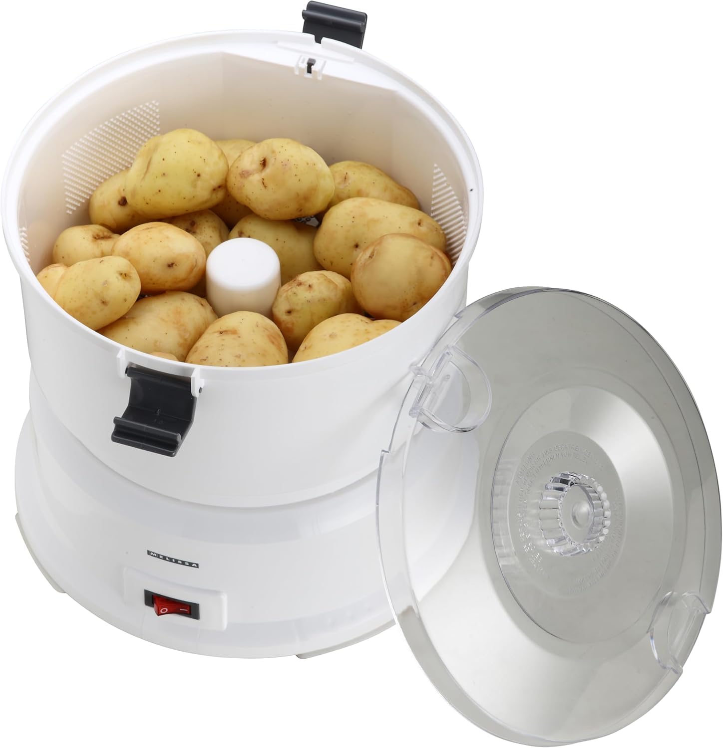 MELISSA 16220008 - Pelador de patatas eléctrico, capacidad de 1 kg, con centrifugadora de ensalada, 85 W, color blanco