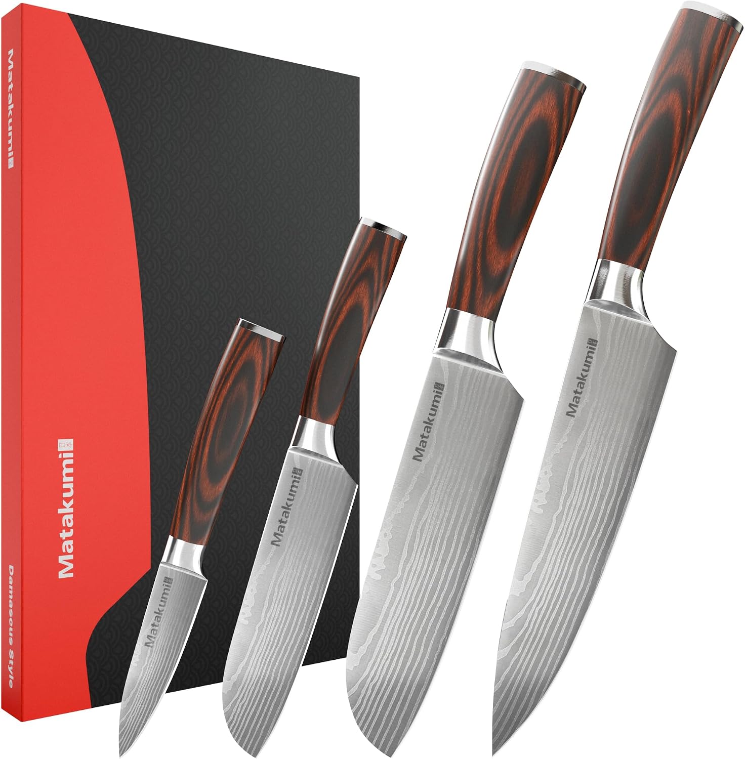 Matakumi Set Cuchillos Cocina Damasco Grabado, 4 Piezas, Ergonómico