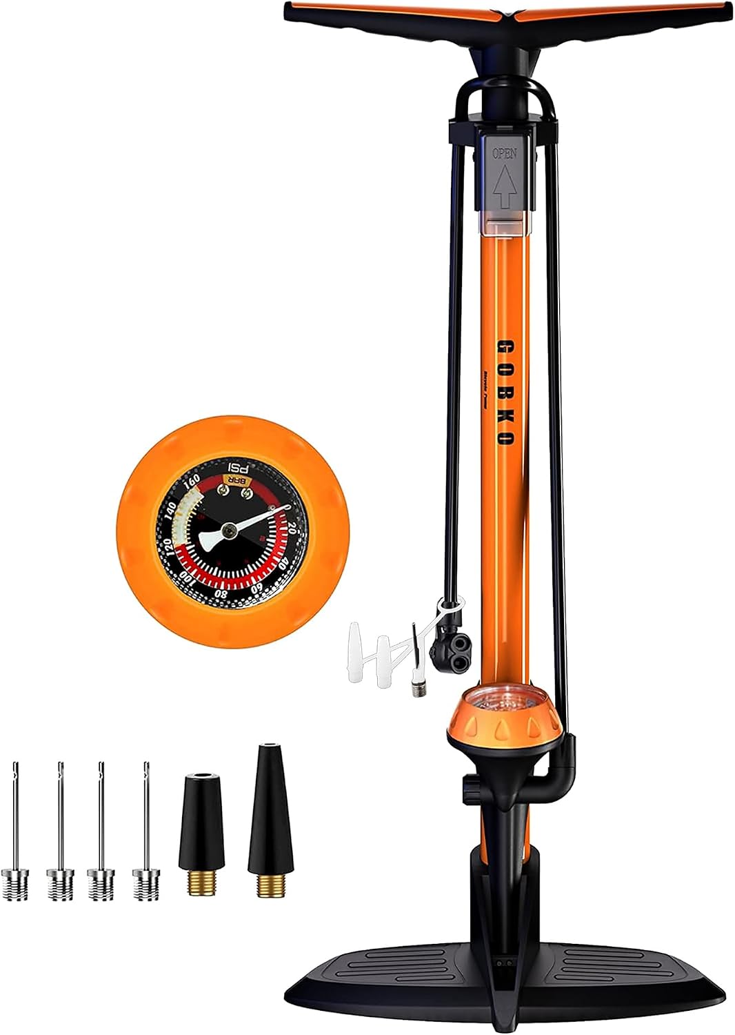 GOBKO Bomba de Bicicleta Bomba de Pie con Manómetro, Bomba de Bicicleta con Presta y Schrader Bomba de Neumático Multifuncional para Bicicletas Bomba de Bolas Deportivas 160Psi &11Bar