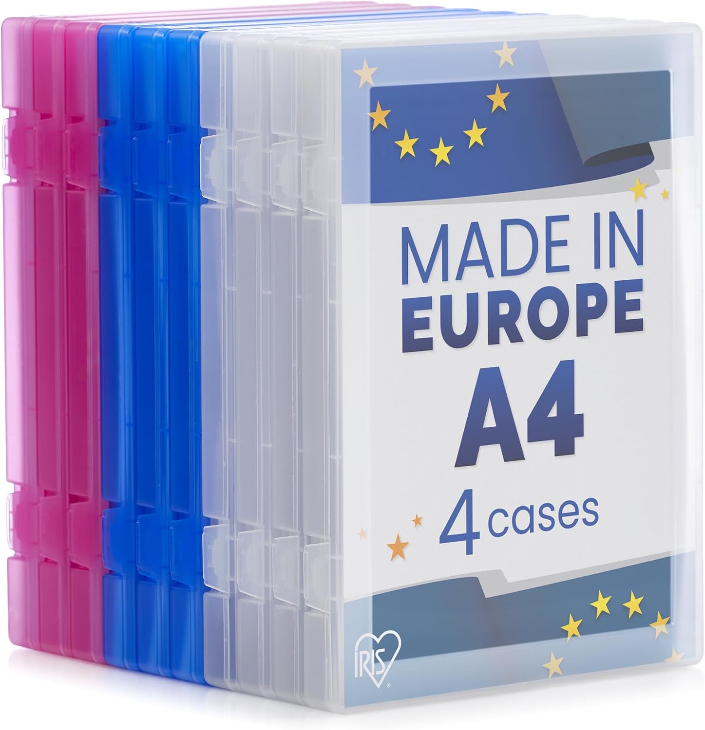 Iris Ohyama, Cajas archivadoras para Documentos, Archivador, Juego de 4, Rosa, Capacidad para 150 Hojas A4 cada una, Apilable con Asa y Cierre Seguro, sin BPA, Contenedor, Oficina, PJC-A4