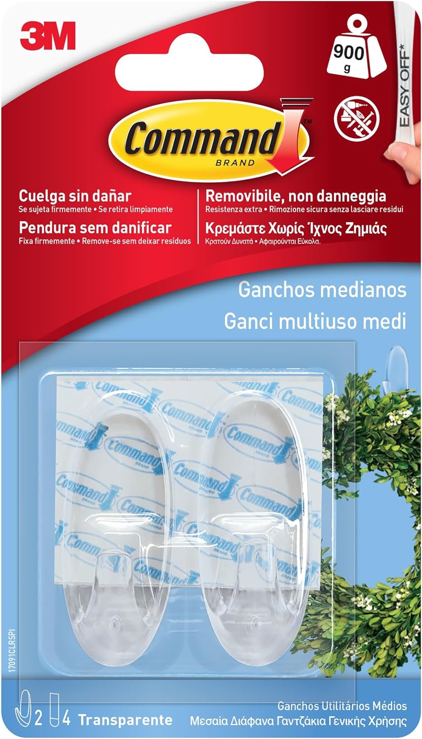 Command Mini Ganchos Decorativos, 20 Clips Transparentes y 24 Tiras Adhesivas - Para Colgar Luces y otros Adornos Sin Dejar Marcas y Sin Taladrar