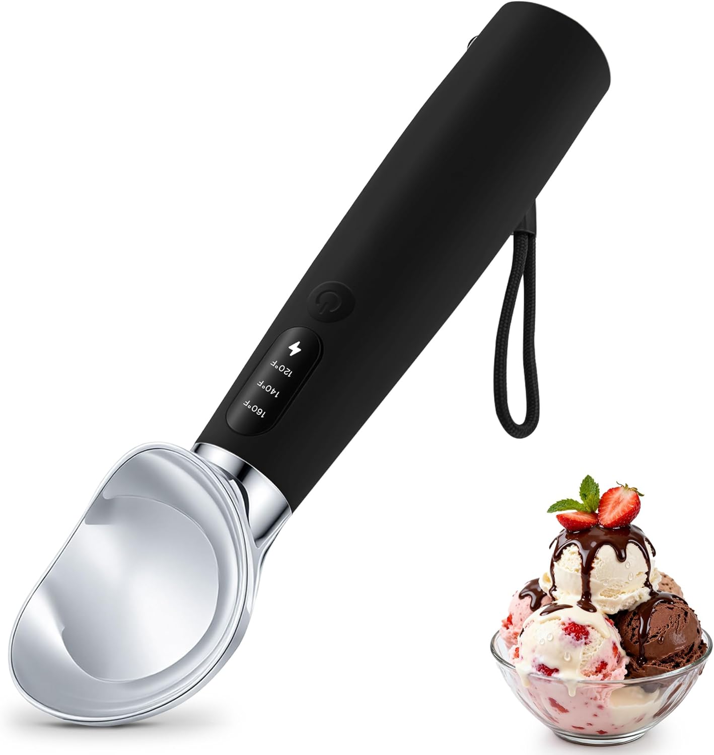 VRAIKO Cuchara de helado calentada | Cuchara de helado caliente con 3 niveles de calor ajustables - 50/60/70 °C, pantalla LED, capacidad de 2600 mAh, recargable | para helado duro y más (negro)