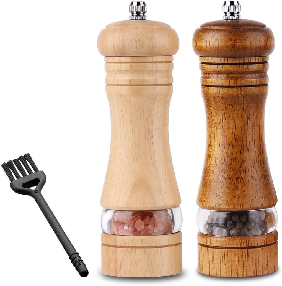 Juego de 2 Molinillos de Pimienta y Sal de Madera, Molinillo de Especias de Madera, Manual de Molinillo Amoladora de Cerámica Ajustable, Sin relleno, con Cepillo de Limpieza, Altura 16,5 cm