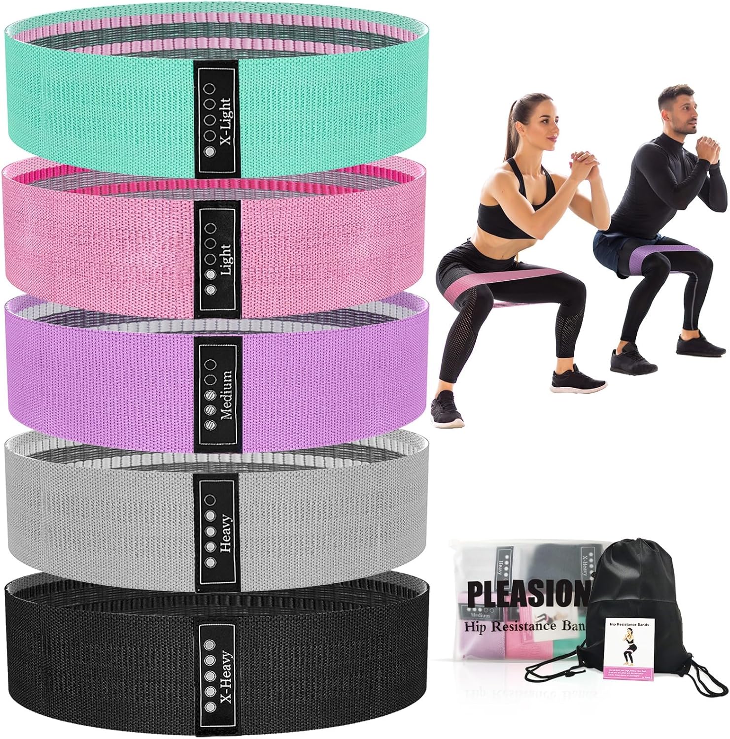 PLEASION Bandas Elasticas Musculacion Fitness, Set de 5 Gomas Elasticas Musculacion Antideslizantes de Tela, Cintas elasticas musculacion de Resistencia para Crossfit Yoga Pilates Glúteos Piernas