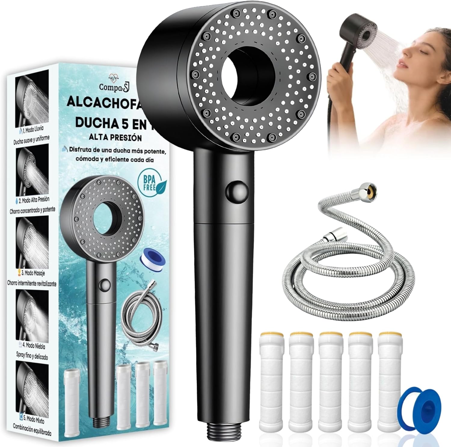 Alcachofa de ducha con Filtro - Cabezal de Ducha de Alta Presión con Manguera 1,5 M - 5 Filtros Antical + PTFE - 5 Modos de Rociado, Mejora la Calidad del Agua, Ahorro de Agua - Libre de BPA