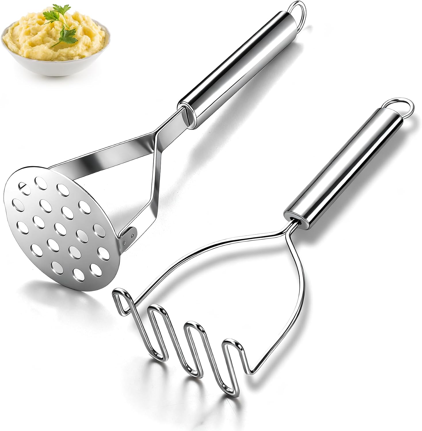 Prensa patatas 2 piezas, Kyraton Acero Inoxidable Prensapatatas resistente Herramienta de esenciales de cocina Utensilios para aguacate, patatas, frijoles, carne, verduras.