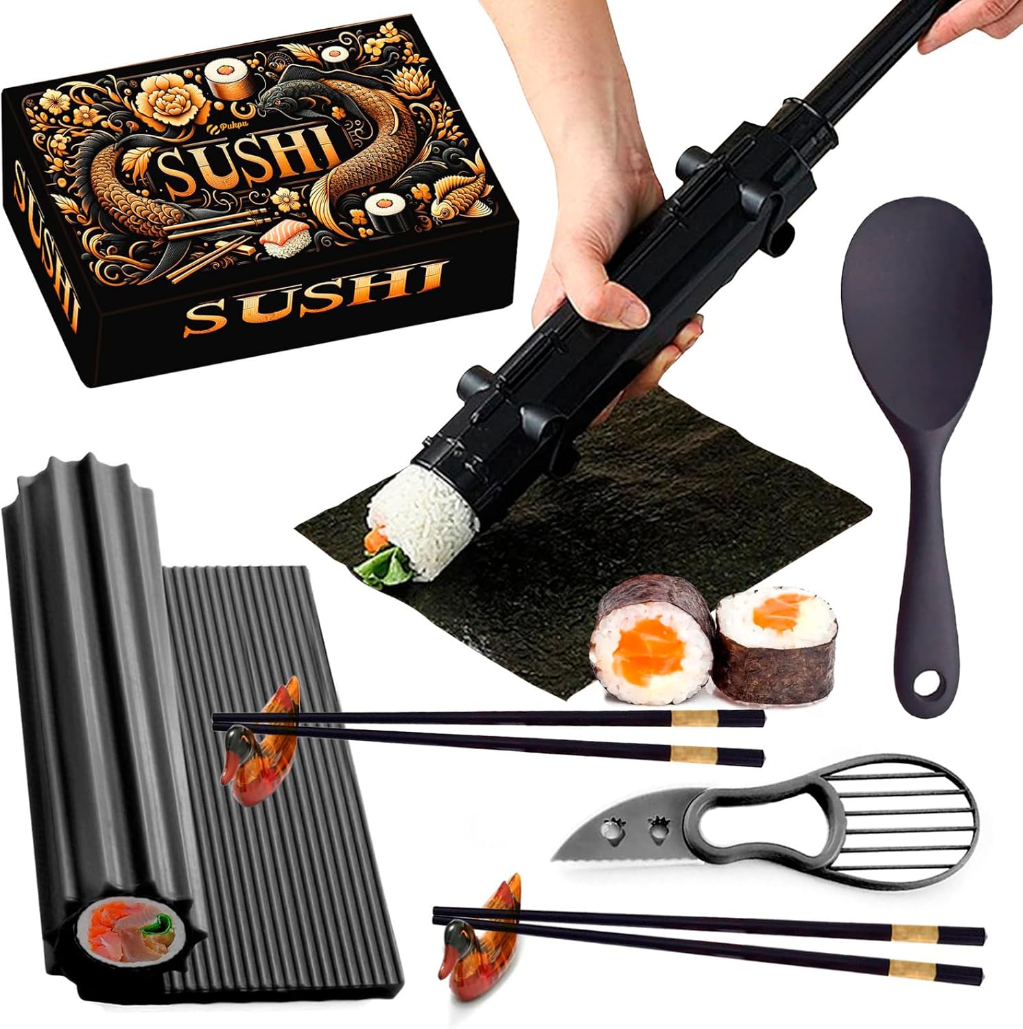 Kit Sushi 8 Piezas – Sushi Maker Bazooka para Hacer en Casa con Esterilla de Silicona, Cuchara de Arroz, Palillos, Reposapalillos y Cuchillo de Aguacate