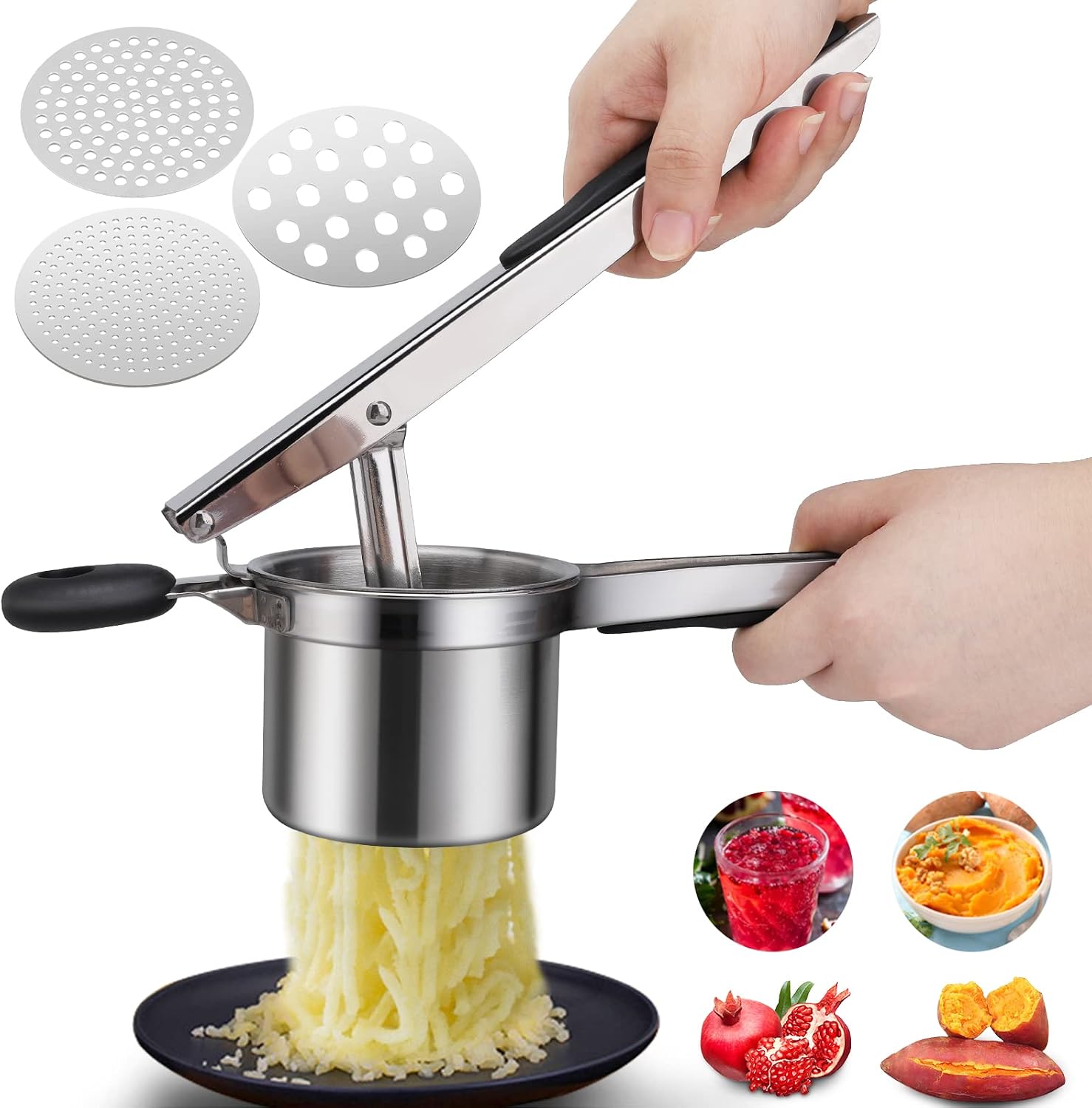 Aplastador de patatas de acero inoxidable, puré de patatas con 3 tamices spaetzle intercambiables, mango de silicona antideslizante Prensa spaetzle Apto para lavavajillas