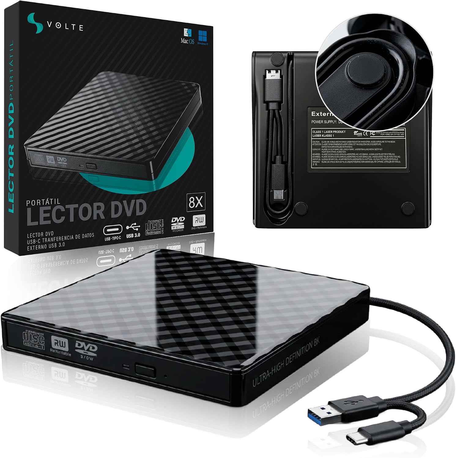 VOLTE® Lector CD DVD Externo USB 3.0 Para PC y Portatil | Grabadora DVD Externa USB | Lector Grabador CD DVD Externo | Compatible Windows Mac Linux | Plug & Play Sin Drivers | Disquetera Externa USB