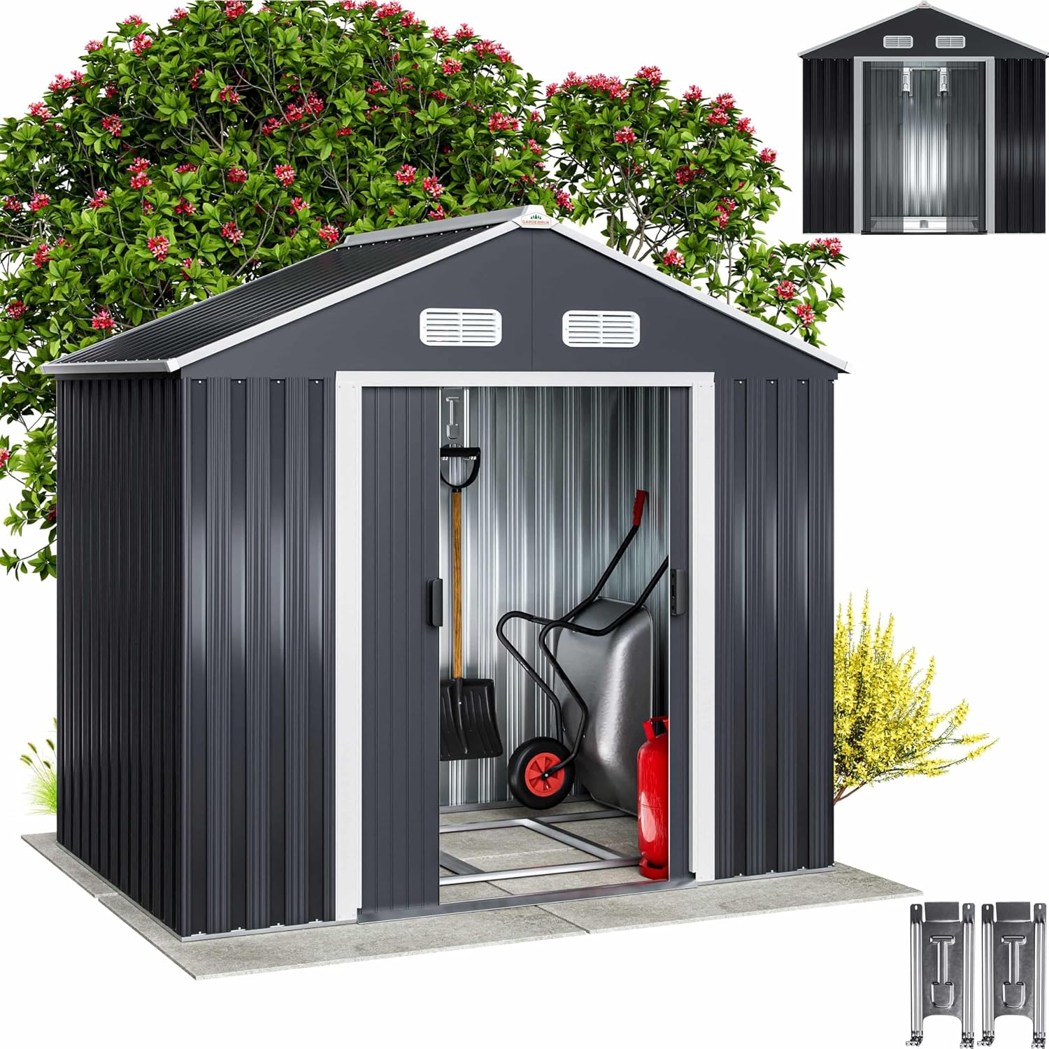 GARDEBRUK Caseta de Jardín Exterior 2m² con Base Acero Galvanizado Negro