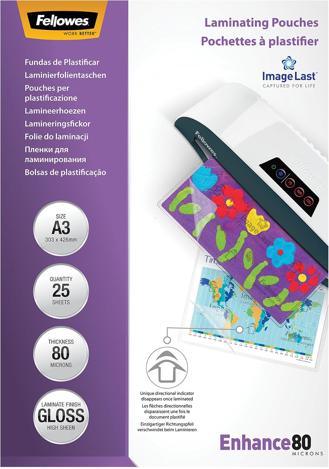 Fellowes pack de 100 fundas para plastificar A3, brillo, formato A3, 80 micras, acabado con flechas direccionales ImageLast, fundas para plastificadora ideales para fotos y avisos.