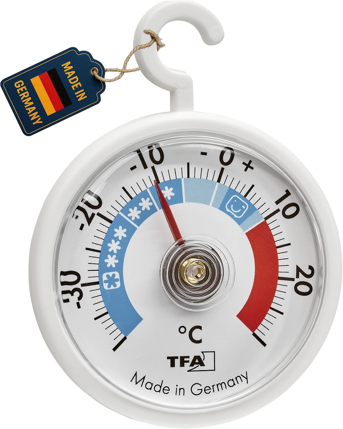 TFA Dostmann Termómetro de refrigeración analógico con gancho 14.4005, manejable, con zonas de refrigeración, para frigorífico, congelador y almacenamiento frigorífico, control de temperatura, hasta