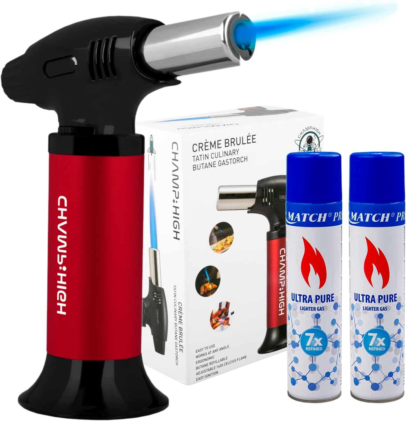 Pack de 1 Soplete Antorcha Cocina Recargable, Butano Gas Precargado con Bloqueo de Seguridad y Llama Ajustable,+ 2 Botellas de Gas Butano 300ml, para Bricolaje, Crema, Brulée, Postres, Soldadura