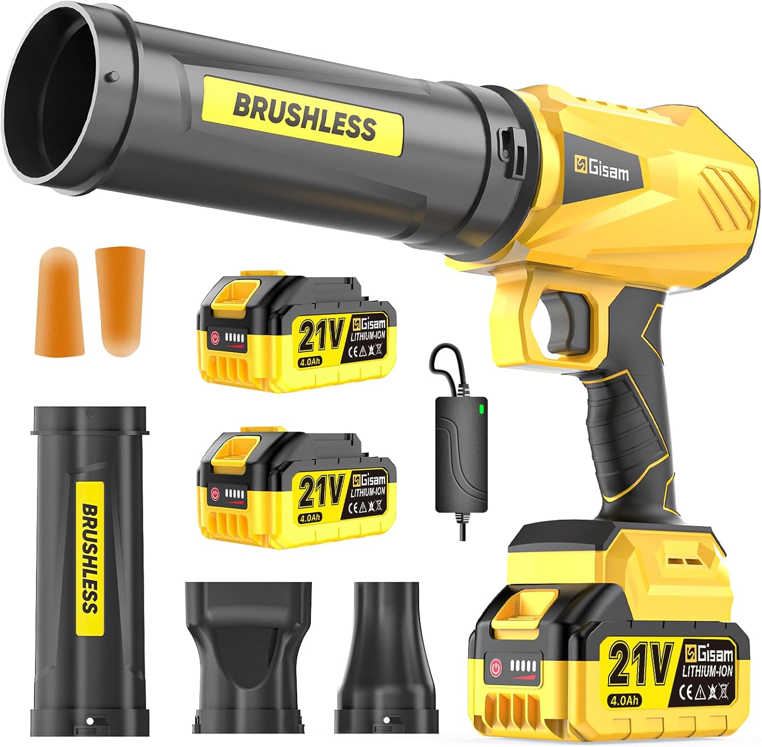 Soplador de hojas inalámbrico, motor sin escobillas con 2 baterías de 4,0 Ah, hoja Blower Max 900000 RPM, volumen de aire 800 m³/h, 3 boquillas, 1,82 Lbs ligero, ideal para hojas, nieve, polvo