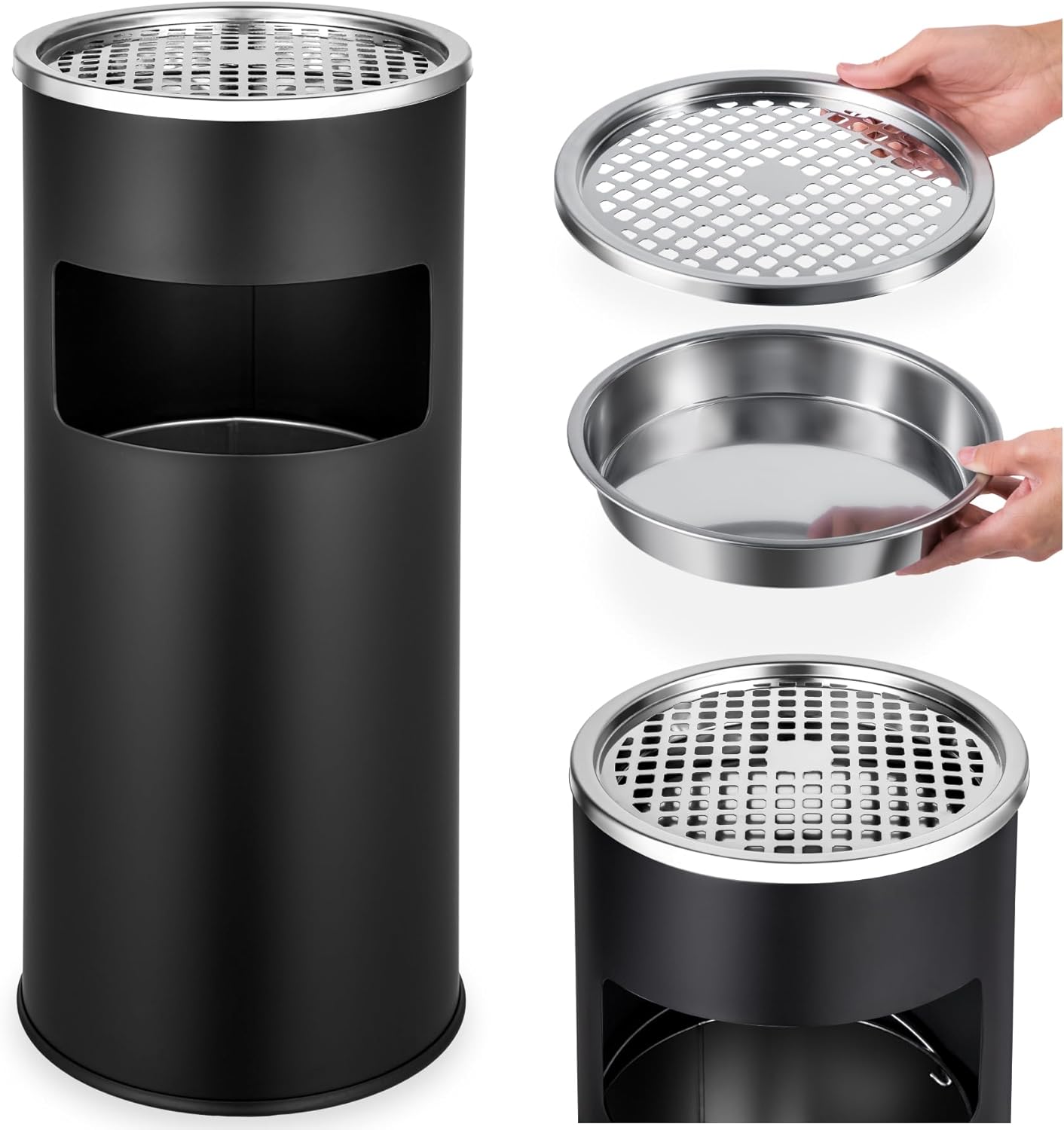 tectake® Papelera de Pie con Cenicero Integrado, 12 L, 25 x 61 cm, Metálica