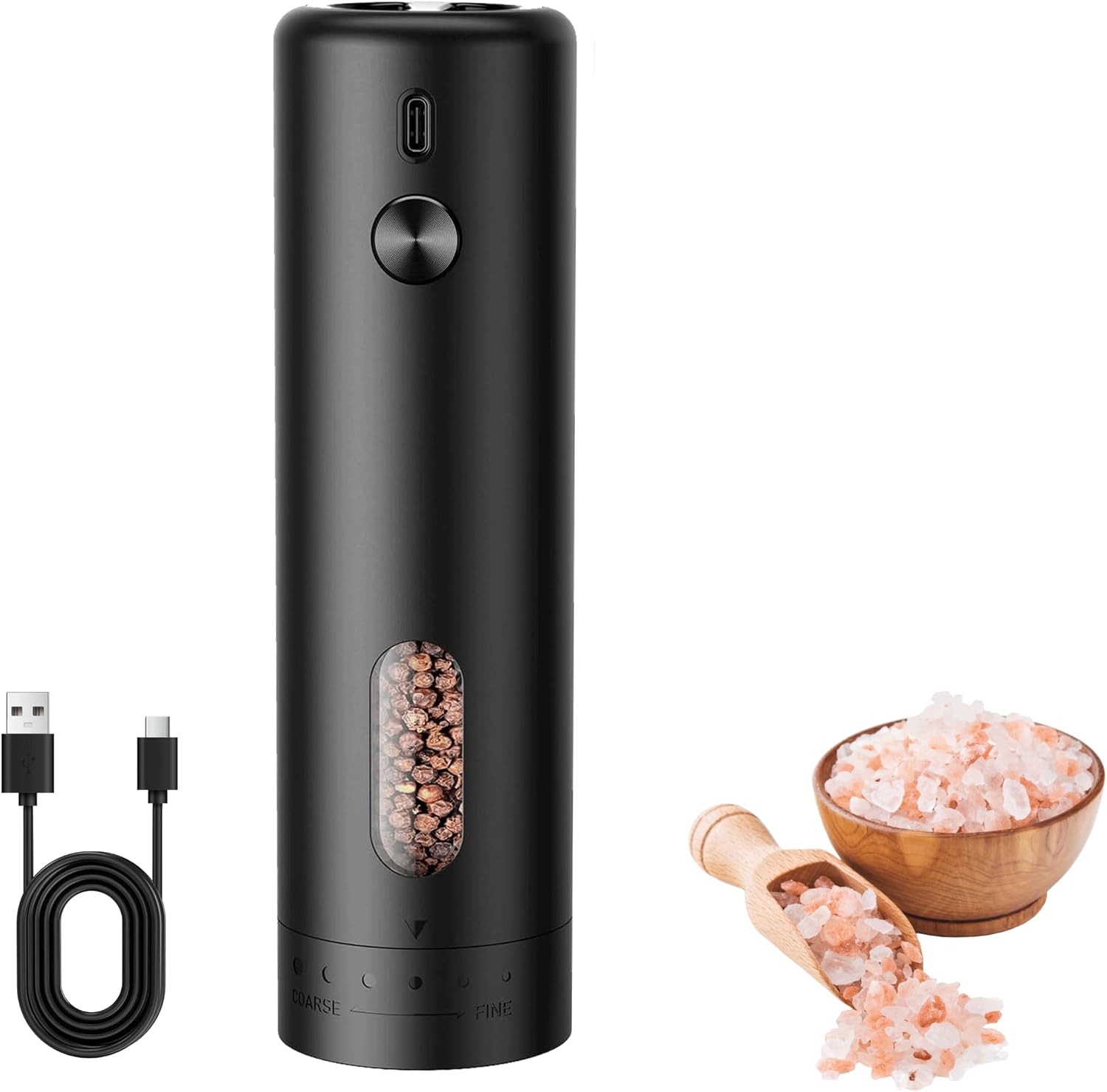 MERTTURM Molinillos de Pimienta Eléctricos Recargables, Molinillo de Especias con Luz LED, Granero de 110 ml, Grosor externo ajustable Molinillo de Sal para Cocina, BBQ, Negro(1PCS)