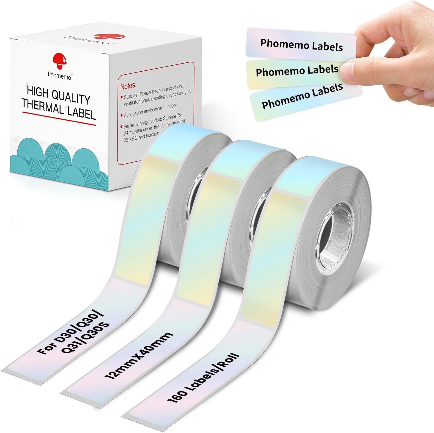 Phomemo D30 D30D Etiquetas Adhesivas 12 mm X 40 mm, 3 Rollos, Color