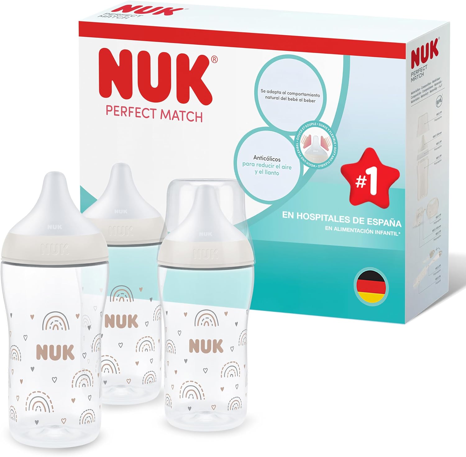 NUK Perfect Match Set de biberones | +3 meses | Se adapta al paladar | Control de temperatura | Ventilación anticólico | 260 ml | Sin BPA | Tetina de silicona mediana | Arcoíris y Ramita | 3 uds.