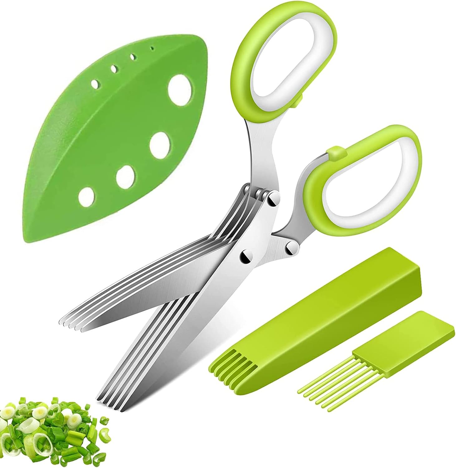 Tijeras para hierbas, tijeras de cocina de 5 cuchillas de acero inoxidable, tijeras de especias cebolletas con tapa de seguridad y peine de limpieza para hierbas aromáticas, cebolletas, negro rojo