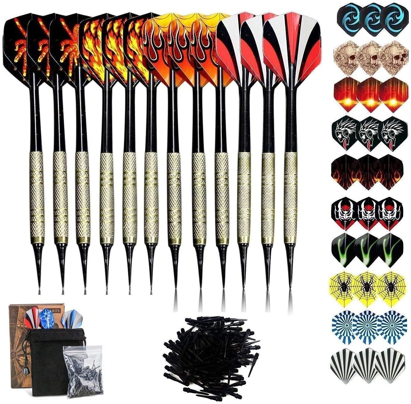 12 Dardos Punta Plastico para Diana Electrónica, Dardos Diana Electronica de Profesionales + 42 Plumas de 14 Patrones + 100 Puntas (16 Gramos)